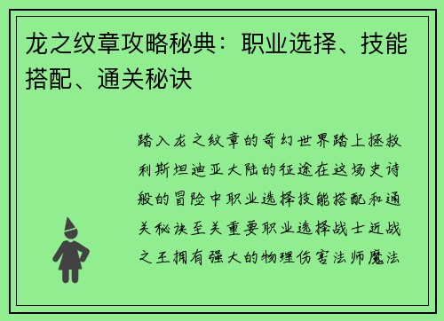 龙之纹章攻略秘典：职业选择、技能搭配、通关秘诀